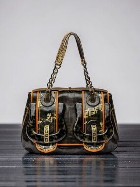 AUTHENTIC Fendi B-Bag Zucca in Patent Leather and Genuine Leather Trim Vintage